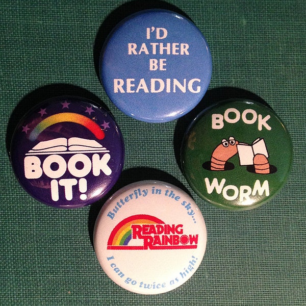4 I Love Reading 1" or 1.25" Buttons or Magnets - FREE shipping! - Read Words Books Bookworm Indie Library Librarian