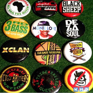 12 Golden Era Hip Hop 1" Botones o imanes - Envío GRATIS! - De La Soul Una tribu llamada Quest Black Sheep Queen Latifah MF Doom