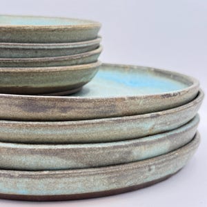Frosted Turquoise Ceramic Plates – Handmade Stoneware Dinnerware Set