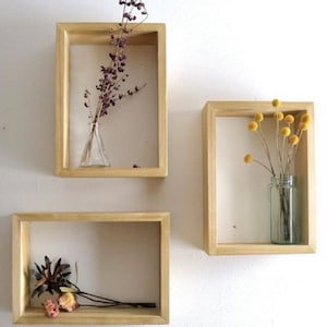 May include: Three wooden shadow boxes with dried flowers in glass vases. The shadow boxes are mounted on a white wall.