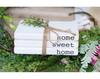 Farmhouse wood book stack, stacked books, rustic book stack, books with name, personalize gift, decorative book best seller house warming