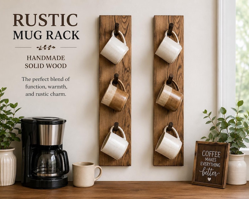 Może przedstawiać: Dwie pionowe deski z litego drewna zamontowane na ścianie, każda z trzema ciemnymi haczykami, na kt&oacute;rych wiszą ceramiczne kubki. Tekst głosi: RUSTIC MUG RACK, HANDMADE SOLID WOOD, The perfect blend of function, warmth, and rustic charm. COFFEE MAKES EVERYTHING better.