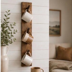 Może przedstawiać: Pionowy drewniany wieszak ścienny z trzema ciemnobrązowymi kołkami, na kt&oacute;rych zawieszono ceramiczne kubki. G&oacute;rny i dolny kubek są w kolorze złamanej bieli, a środkowy jest dwukolorowy, w odcieniach beżu i kremu. Dodatkowy beżowy kubek stoi na blacie.