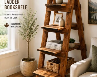 Solid Wood Ladder Bookshelf | Handmade Rustic Bookcase | Modern Farmhouse Display Shelf | A-Frame Bookshelf | Custom Sizes | Made in Canada