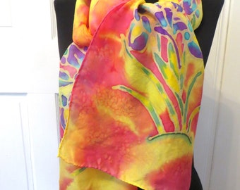Scarf, Silk Scarf, Hand Painted Silk Scarf, pink, yellow, Purple, Bouquet, OOAK, Floral, Habotai silk, hand hemmed scarf, 100% silk scarf