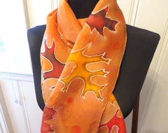 Scarf, Silk Scarf, Hand Painted Silk Scarf, Falling Leaves, OOAK, Orange Brown Habotai silk, hand hemmed,100% silk scarf,scarves for women