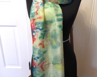 Scarf, Silk Scarf, Hand Painted Silk Scarf, Green, Red, OOAK, Abstract, Habotai silk, Multicolor, hand hemmed scarf, 100% silk scarf