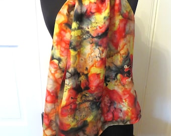 Scarf, Silk Scarf, Hand Painted Silk Scarf,  Brown,Black, Red, OOAK, Abstract, Habotai silk, Multicolor,hand hemmed scarf, 100% silk scarf