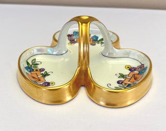 Vintage Nut Candy Dish Art Deco Decor Floral Porcelain Divided Serving Bowl