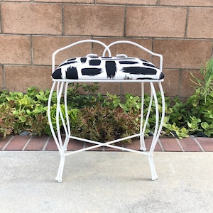 Vintage Metal Vanity Chair, Bench, Stool, Wrought Iron, Distressed Refurbished White Metal Mid Century Modern Bench, Modern Fabric