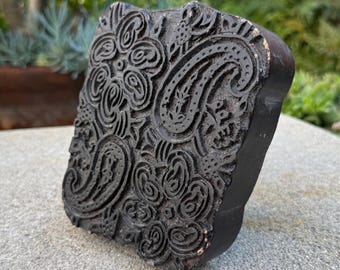 Vintage Wooden Paisley Block Stamp Hand Carved Large Textile Printing Boho Global Decor