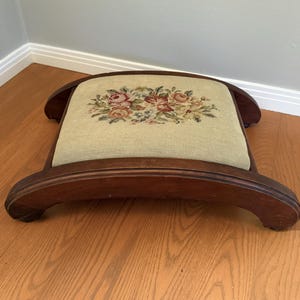 Vintage Needlepoint Wooden Footstool Floral Antique Upholstered Traditional Victorian Decor