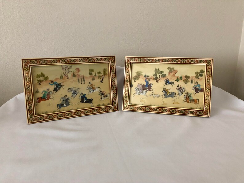 Vintage Inlaid Art Set Of Two Frames Framed Asian Polo Image 0