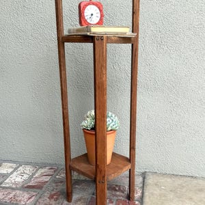 Vintage Wood Plant Stand, Rustic Two Tier End Table with Handle image 1