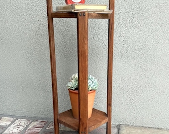Vintage Wooden Plant Stand Rustic Farmhouse Two Tier Wood End Table with Handle Patio Decor Primitive Telephone Table