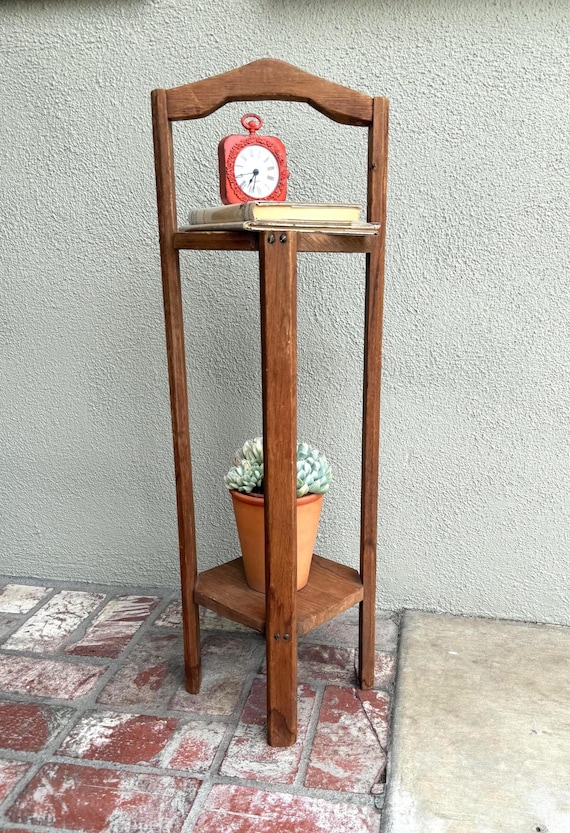 Vintage Wood Plant Stand, Rustic Two Tier End Table with Handle