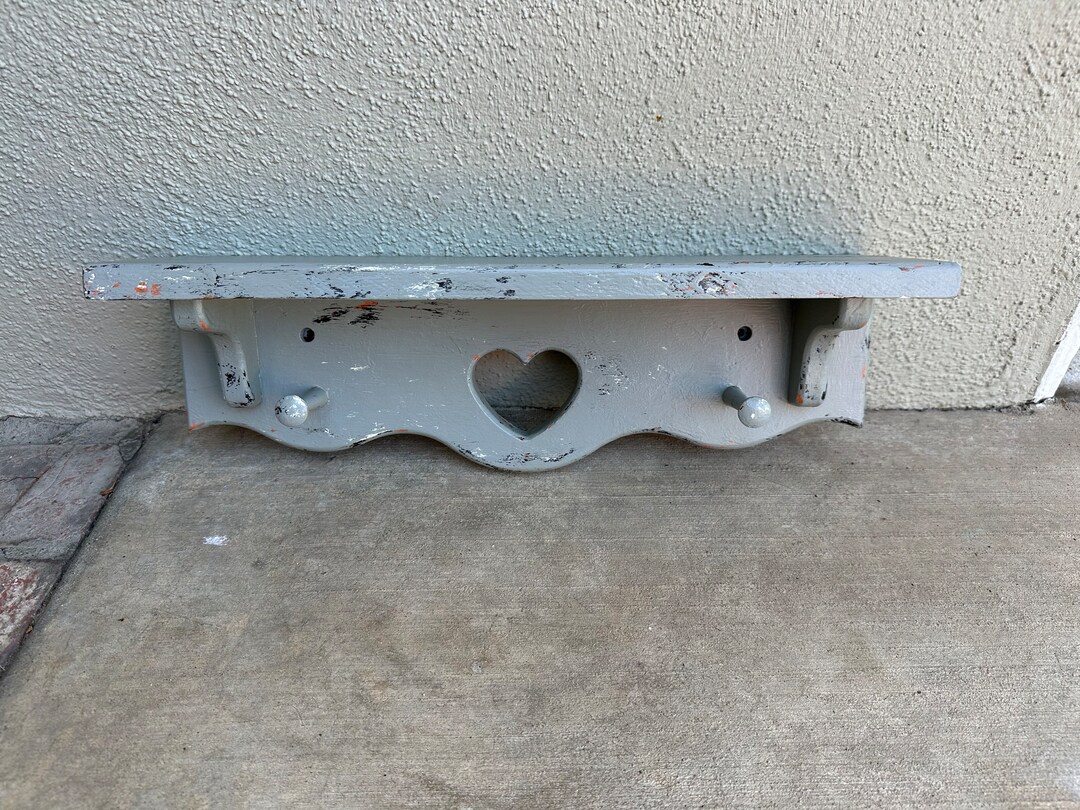 Wood Shelf, Vintage Grey Wall Shelf, Shelf With 2 Pegs, Small Hanging