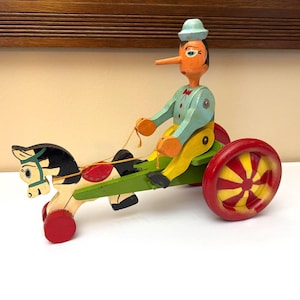 Vintage Folk Art Wooden Pinocchio Horse & Rider Toy Cart