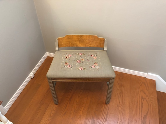 Vintage Wood Bench Needle Point Antique Chair Art Deco Bench Etsy