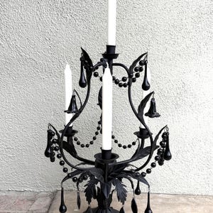 Vintage Black Candelabra, Gothic Shabby Chic, Eclectic Centerpiece, Glass Baubles, Leaves, Tear drops, Flowers, Candle Holder