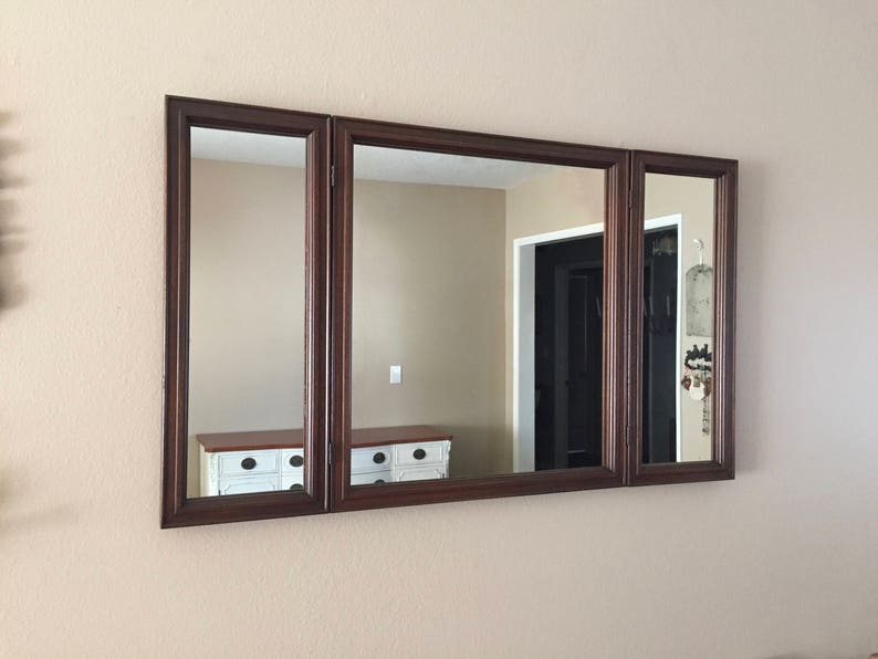 Tri Fold Wood Mirror Vintage Dresser Vanity Hanging Antique 3 Panel Refinished Folding