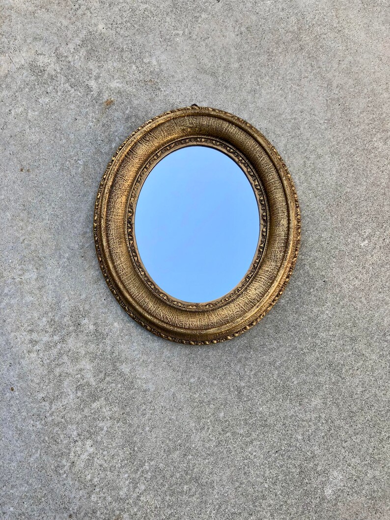 Vintage Oval Mirror Gold Wood Hanging Textured Hallway Vanity Antique