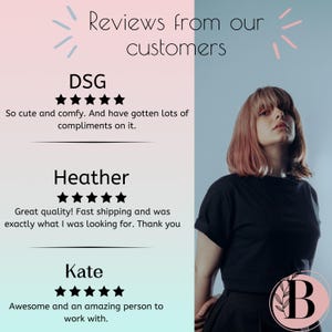 May include: Reviews from customers for a product or service. The reviews are positive and include five-star ratings. The text includes the names "DSG", "Heather", and "Kate".