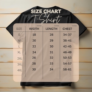 May include: Size chart for a t-shirt with measurements in inches for width, length, and chest. The chart shows sizes S through 4XL with corresponding measurements.