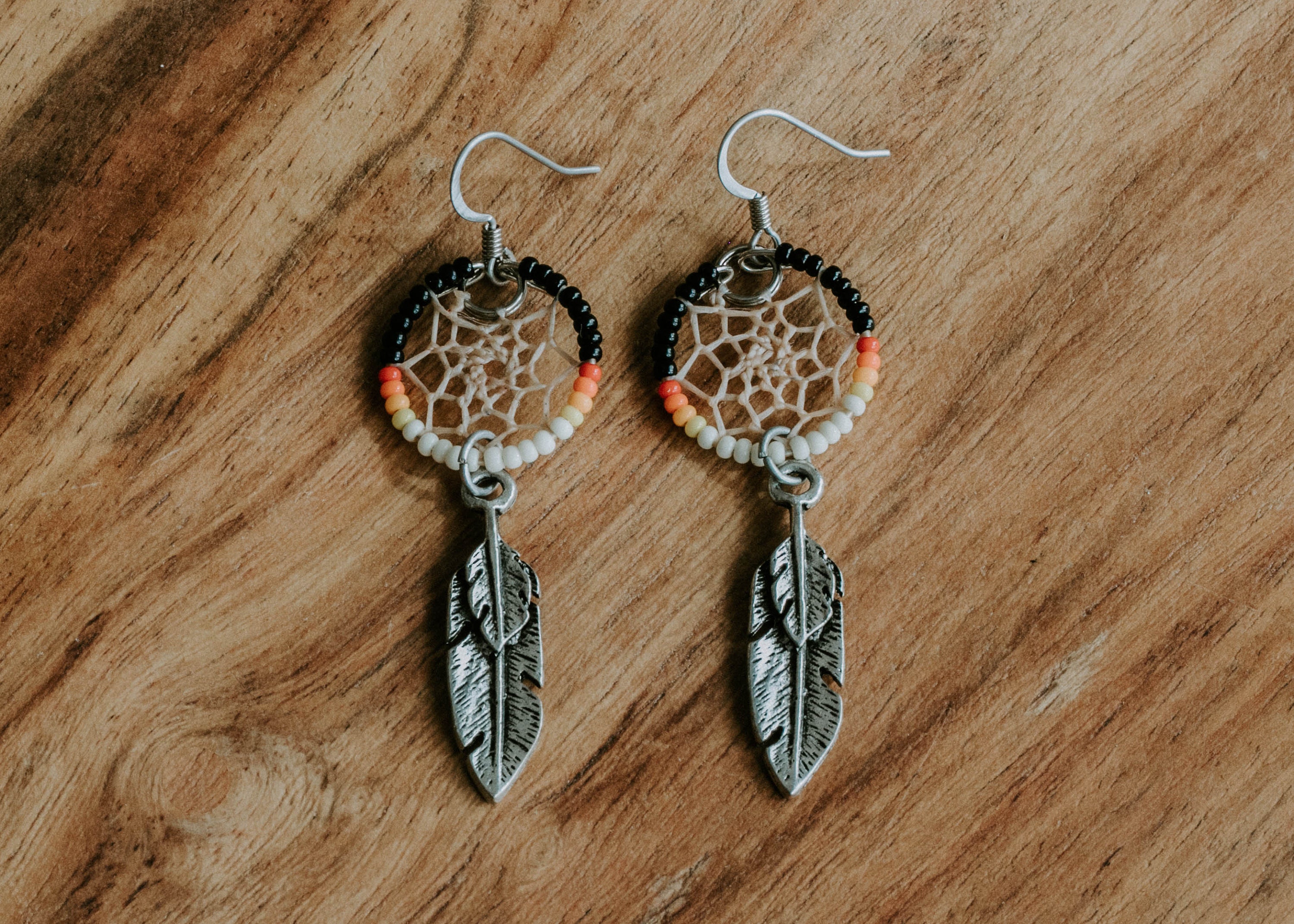 feather DreamCatcher earrings stone/bead in web Passamaquoddy Janet St John 