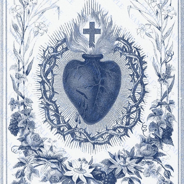 Antique Blue Sacred Heart Art Print, Religious Art, Gothic Heart Art Print, Jesus Christ Wall Art, Altar Piece