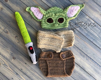 Recién nacido Grogu inspirado en Star Wars/Bebé Grogu/Traje de bebé Grogu/Inspirado en El Niño Mandaloriano/Bebé Jedi/Bebé sable de luz