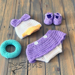 Newborn Daisy Duck Inspired Crochet Baby Duck Outfit, Daisy Duck Hat, Diaper Cover, Baby Girl, Newborn Diasy Duck Set