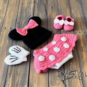 Noworodek Myszka Minnie inspirowany szydełkowym ubrankiem dla niemowląt Myszka Minnie, czapka Myszka Minnie, osłonka na pieluchy Myszka Minnie, dziewczynka, zestaw dla noworodków Myszka Minnie