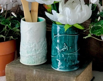 Ceramic Vase, utensil holder, pressed flowers, embossed, hand built ceramic vase, green white vase, unique vase, spoon holder, kitchen