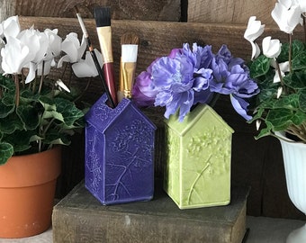 Ceramic Vase, house vase, pressed flowers , embossed, hand built ceramic vase, blue purple glaze vase, unique vase, utensil holder, pencils