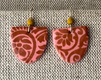 Hand-Printed Porcelain Paisley Earrings: Beaded Gold Filled Ear Wire