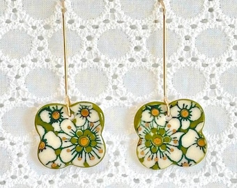 Porcelain Calico Clover Earrings: 18k Gold Luster, Gold Filled Wire