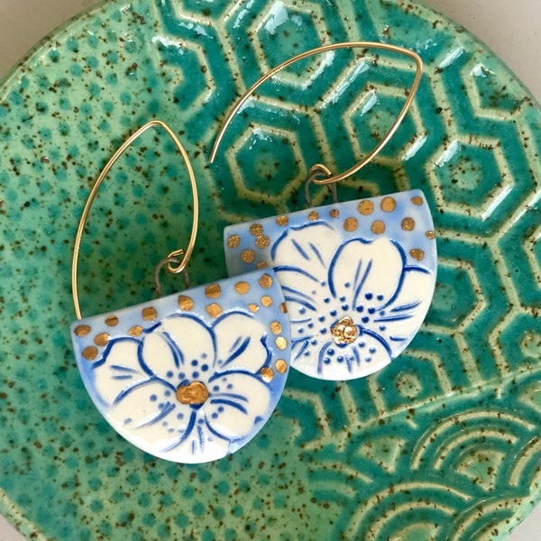 Blue and White rose earrings, porcelain earrings, 18K gold luster, gold filled, Mishima, Floral Pattern,  long ear wire, gold earrings