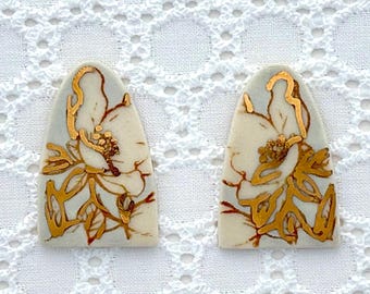 Ceramic, floral,Magnolia Floral Porcelain Stud Earrings: Silk Screened, 18k Gold Luster