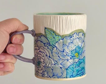 MADE TO ORDER Blue Bouquet Flower Ceramic Mug: Hand-Painted Stoneware, 18oz