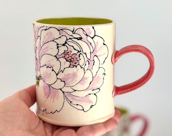 MADE TO ORDER Hand Painted Peony Mug, Hand Built Ceramic Pottery, Maximalist Decor, Pink flower mug