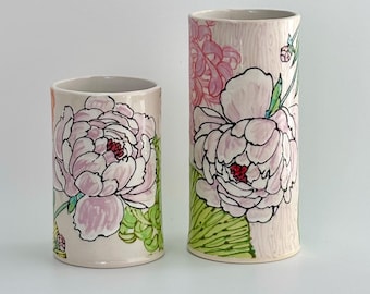 MADE TO ORDER Hand-Built Ceramic Peony Vases, Hand-Painted Floral Transfer, Spring colors, Easter Table
