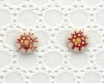 Rose, gold studs, ceramic, Calico Print Porcelain Stud Earrings: 18K Gold Luster, Hypoallergenic