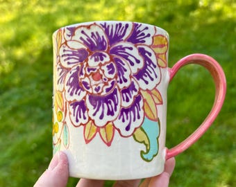MADE TO ORDER Hand Painted Folk Flower  Mug, Hand Built Ceramic Pottery, Maximalist Decor, fun flower mug