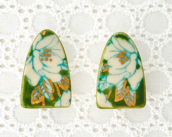 Silk Screened Magnolia Earrings: Porcelain Clay, Surgical Steel Studs