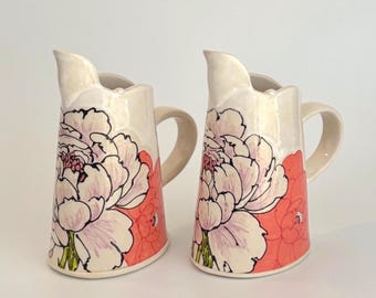 MADE TO ORDER Pink Peony & Orange Poppy Creamer: Farmhouse Ceramic Pitcher