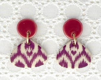 Ikat Print Teardrop Earrings: Silk Screened Porcelain Clay, Surgical Steel