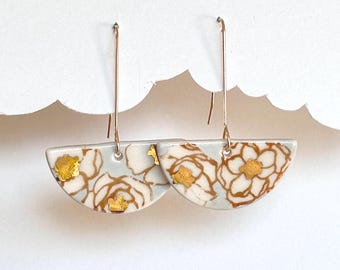 Hand Printed Porcelain Poppy Earrings, 18k Gold Luster, Gold Filled