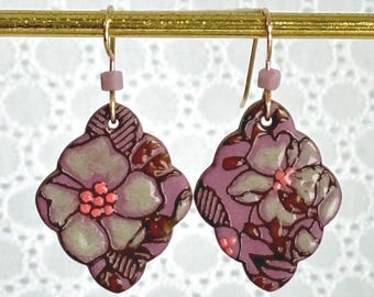 Plum Porcelain Apple Blossom Earrings, Hand Painted Floral Ceramic, Gold Filled Wires