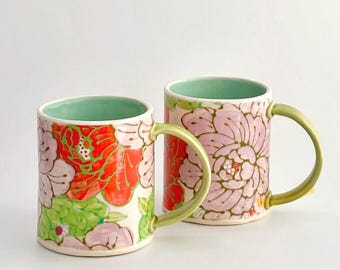 MADE TO ORDER Hand-Painted Folk Flower Mug, Hand Built Pottery, 16 oz